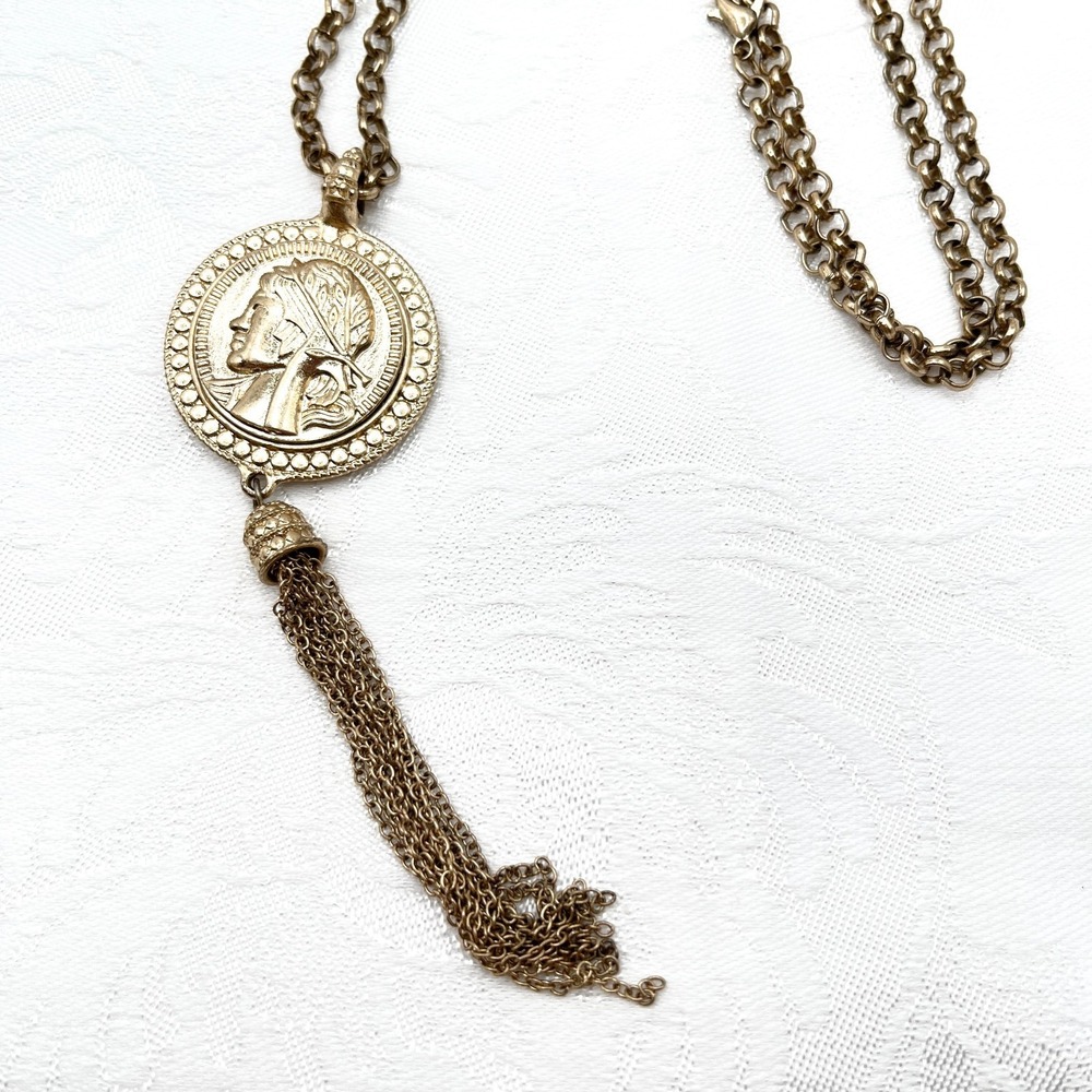 Gold & Black Tone Round Roman Medallion Tassel Pendant Necklace Boho 31'
